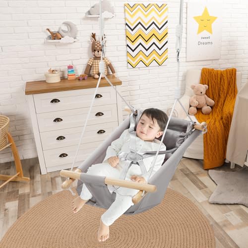 REDCAMP 3-in-1 Babyschaukel mit 5-Punkt-Gurt | Atmungsaktive Baumwolle & Holz | Indoor/Outdoor für Haus Garten | bis 50kg | kinderschaukel ab 6 Monate (Grau)