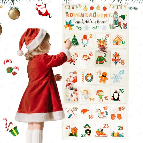 Adventskalender Zum Befüllen 2025, Advents-kalender aus Stoff, Weihnachtskalender für Kinder & Erwachsene, Adventskalender Säckchen Stoffbeutel Wandteppich Weihnachtsdeko (130x57cm)