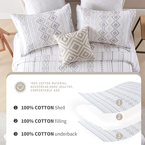 Finlonte Quilt King Size Boho Quilt Set Boho Bedding Bedspread King Size, 3 Pcs White Bohemian Quilt Set With Gray Striped Printed For All Season #TOP5