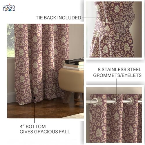 Image of Urban Space Blackout Curtains 5 Feet Set of 2 for Window, 80-85% Light Blocking Curtains for Living Room, Digital Printed Curtains with Eyelets, Tieback Included (Mystic Wine, 5 Feet)