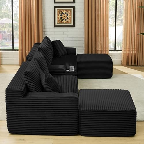 127" U-Shaped Cloud Sectional Couch, Front Facing Modular Compressed Boneless Sectional Sofa with Chaise Lounges and Console, Plush Corduroy Boneless Symmetrical Sofa - Image 4