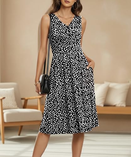Image of NILOUFO Sleeveless Dress for Women Summer Knee Length Sundress with Pockets | Sundresses for Women Tank Empire Waist Sun Dress Cold Shoulder Casual V Neck Midi Dress Flowy Summer Dresses for Women