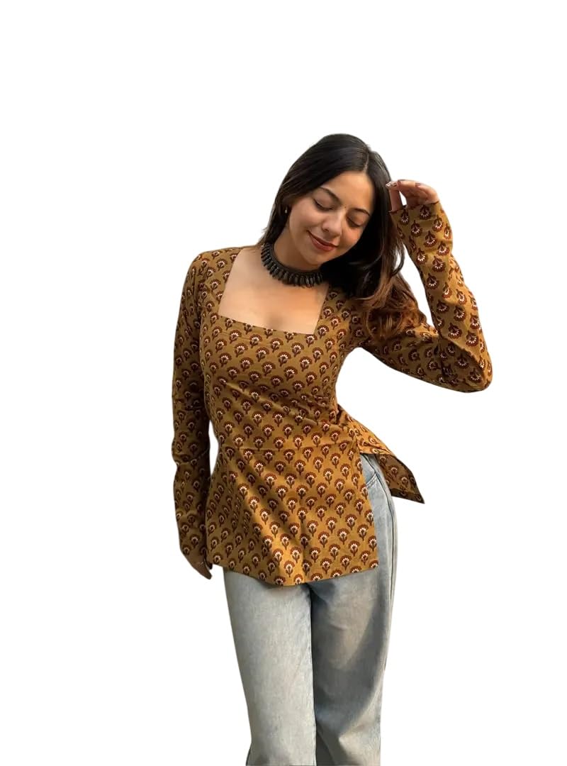 Women's Cotton Floral Paisley Printed Regular Fit, Square Neck, Full Sleeve | Stylish Tunic Top, Kurti for Casual Outings | Lightweight & Comfortable Fabric