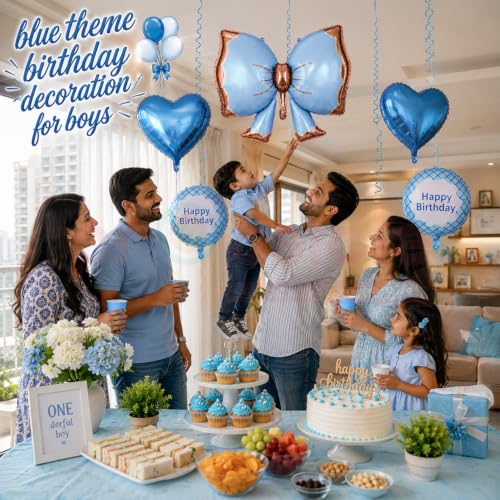 Image of Propsicle Bow Foil Balloons for Birthday Decoration Blue Boys | Bow theme foil balloon set for kids birthday party with star and round balloons