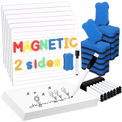 Seajan 12 Pack 9 x 12'' Small Magnetic White Board Kit Include12 Mini Double Sided Magnetic Board 12 Dry Erasers 12 Black Markers Personal Whiteboards for School Office Classroom (Transverse Line)