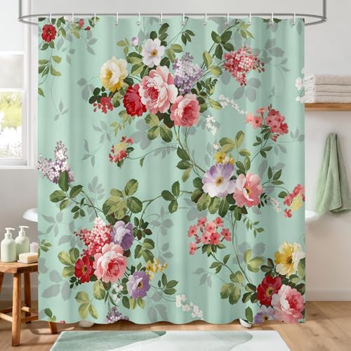 Hopomoon Vintage Green Floral Shower Curtain,Watercolor Pink Rose Wildflower Waterproof Polyester Fabric Shower Curtain with 12 Hooks,72 x 72 Inches