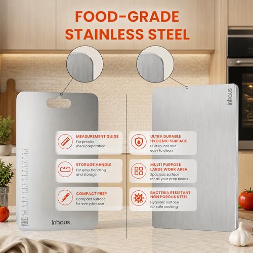 Image of Stainless Steel Chopping Board Set of 2 (41x31 cm + 31x21 cm) | 304 Steel Cutting Board for Kitchen Large & Medium | Counter Top Lip + Measurement Scale | Rust Proof Chopper Board