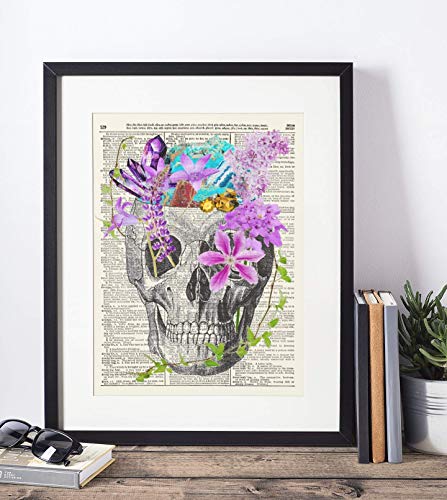 Skull, Skeleton Anatomy Vintage Dictionary Art Print, Modern Contemporary Wall Art For Home Decor, Boho Poster Sign 8X10 Inches, Unframed (Skull With Flowers & Crystals) #TOP4
