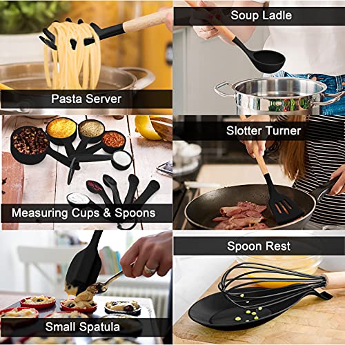 Teamfar Cooking Utensils, 24 Pcs Silicone Kitchen Cookware Tools With Wooden Handle, Holder Spatula Spoon Turner, Non-Toxic & Non-Stick, Heat-Resistant & Easy Clean, Black #TOP3