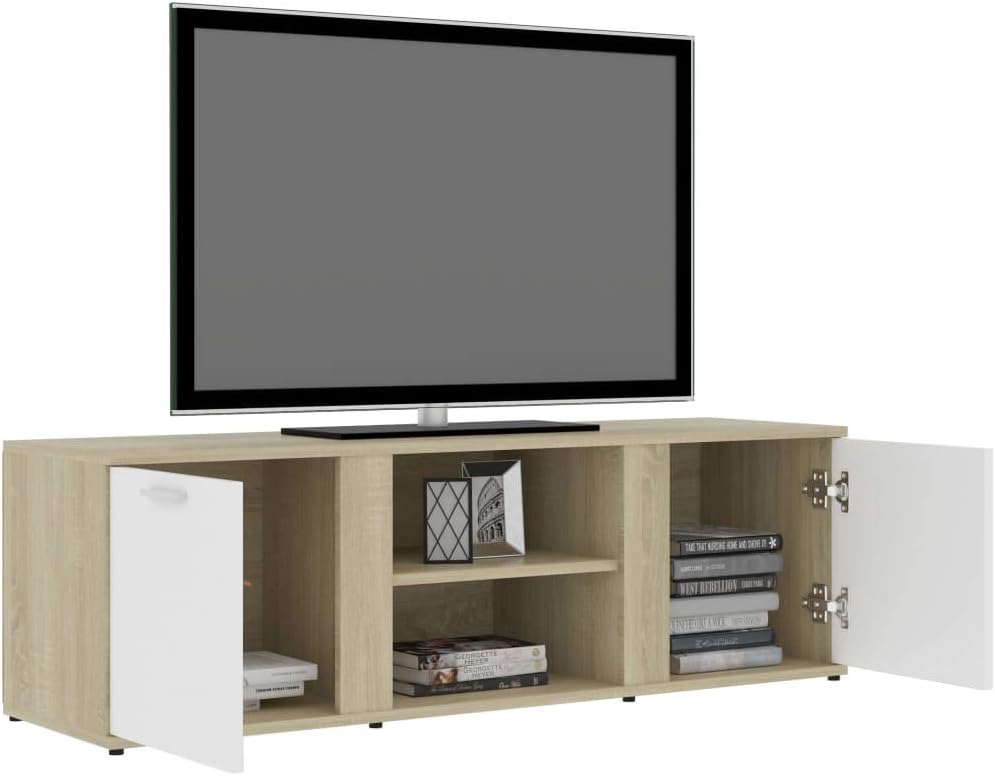 vidaXL Engineered Wood TV Stand - White and Sonoma Oak - Stylish Storage Solution with 2 Doors and 2 Compartments - Easy Assembly