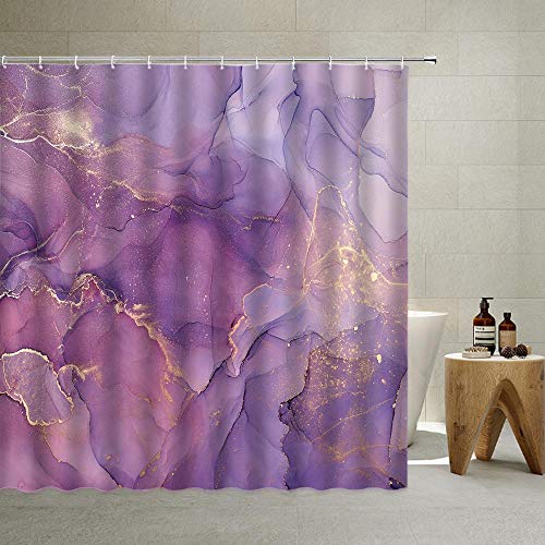 Lila Marmor Duschvorhang Lavendel Gold Muster Elegante Textur Abstrakt Stoff Badezimmer Vorhänge Set Tinte Kunst Malerei Sommer Coole Dekor Langlebig Badewanne Dusche Dekor mit Haken 178 x 178 cm Cover