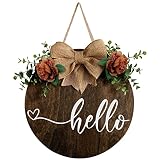 Wood Round Hello Welcome Wreath Sign Hanging Decoration Front Door, Farmhouse Porch Sign and Artific