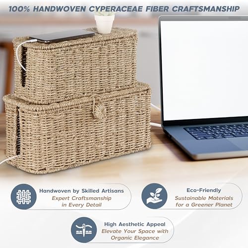 2-Pack Large Cable Management Box, Natural Rattan Cable Cord Organizer Boxes for Power Strip – 2 Open Slots Cords Hider Box for TV Wires, Computer, Router, USB Hub and Under Desk Power Strip - Image 3