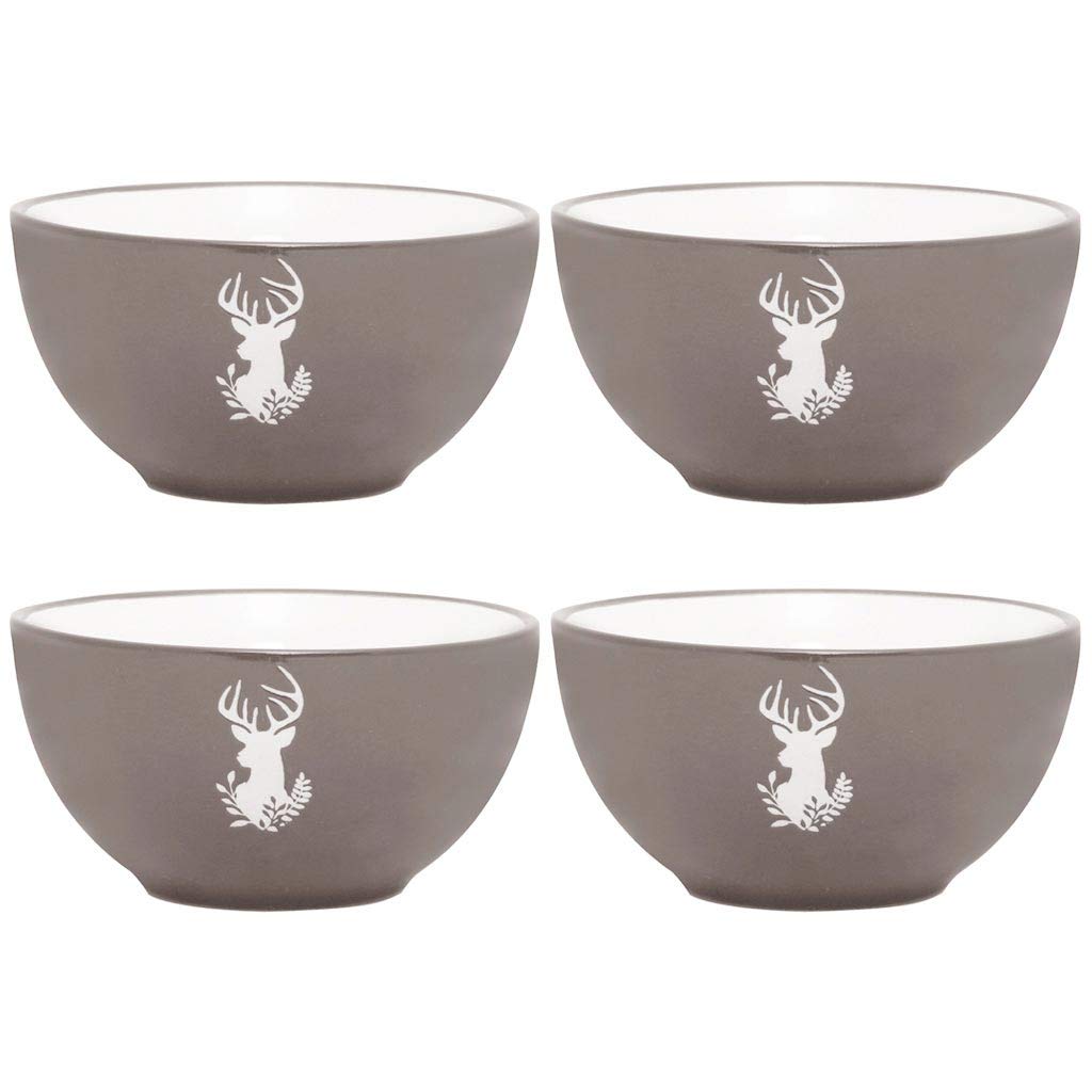 Set of 4 Bowls - Hand Painted Grey & White Reindeer Stoneware Crockery Dinner Service Dishwasher & Microwave Safe Christmas Dinner Table Breakfast Cereal Soup Pasta Dessert Serving Bowl