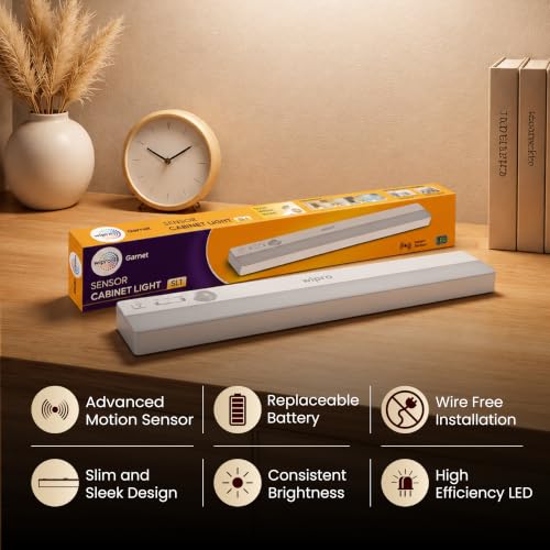 Image of wipro Garnet Motion Sensor Cabinet Light SL1 | 3 Color Modes-Warm, Neutral, Cool White | Auto On /Off Lights for Kitchen, Wardrobe & Shelf | Magnetic Stick On| Wireless| 4*AAA Batteries Required |Pk 1
