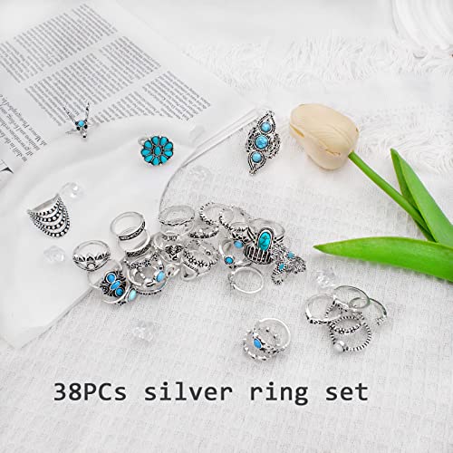 Yomlry 38Pcs Vintage Knuckle Rings Teal Turquoise Ring Set Boho Western Rings Y2K Retro Midi Stacking Rings Animal Bohemian Turquoise Jewelry Rings For Women Teen Girls Holiday Gift 38Pcs Turquoise #TOP1