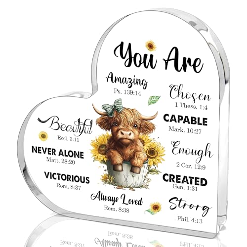 Christian Highland Cow Gifts for Women Birthday, Highland Cow Religious Spiritual Gift, Inspirational Christian Gifts for Mom Friends Coworker Sisters, Motivational Acrylic Desk Office Decorative Signs Plaque
