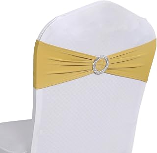 MDS-MEGADECORSUPPLY Chair Sashes, Pack of 100 Gold, Spandex, Stretch Chair Cover Bands with Buckle Slider for Wedding and Events Decoration
