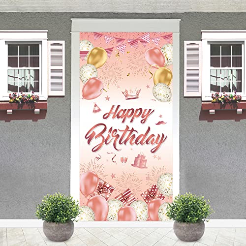 Geburtstag Deko Tür Banner Roségold, Geburtstagsfeier Dekorationen Banner Hintergrund, Banner Geburtstag Mädchen, Geburtstagsbanner Roségold, Happy Birthday Poster Banner für Mädchen Geburtstag Deko Cover
