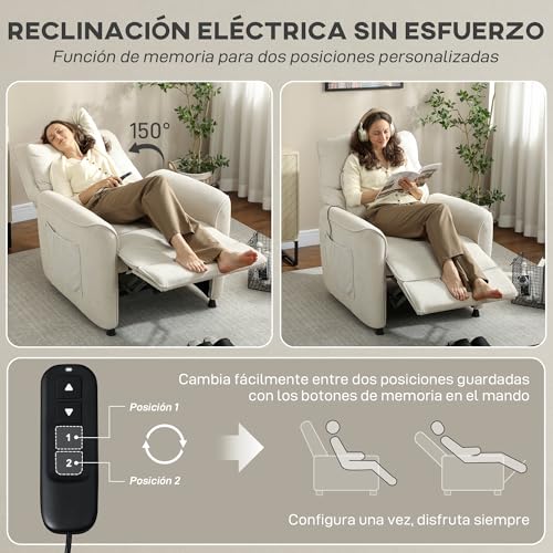 HOMCOM Sillón Relax Reclinable Eléctrico, con Calor Lumbar y Masaje Vibración, Sillón Masaje Relax, Motor Silencioso, Función de Memoria, Bolsillos Laterales, Almohada, Control Remoto con USB, Crema - imagen 5