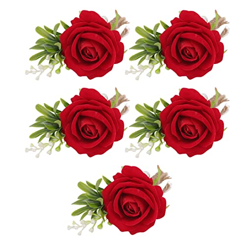 Wedding Corsage Rose, 5PCS Wedding Boutonniere Pin Fixed Plastic Artificial Flower Corsage for and Groom(Red)