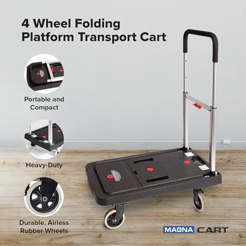 Magna Cart Folding Platform Cart, 4-Wheel Rolling Utility Dolly, 300 lb Load Capacity - Portable Transport Trolley with Telescoping Handle for Boxes, Crates, Groceries, Supplies & Equipment