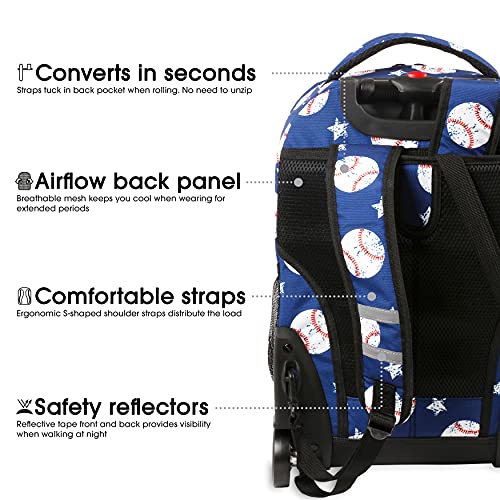 Image of J World Sunrise Kids Rolling Backpack with Wheels for Girls Boys, Roller Bookbag for School, 18 x 13 x 9 Inches, Baseball