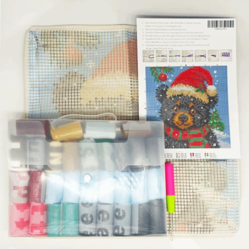 Image of Howie's Latch Hook Kit, DIY Christmas Bear Pillow Crochet Yarn Kits for Adults, Color Preprinted Pattern Embroidery Sofa Cushion Cover (Christmas Bear, 16.93 x 16.93 inch)