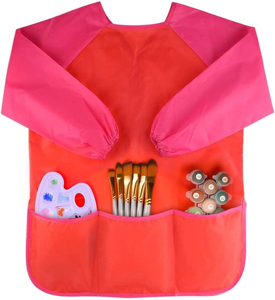 Qniceone Aprons for Kids Art Smocks Toddler Smock Waterproof Artist Painting Aprons Long Sleeve with 3 Pockets for Age 2-6 Years Gifts (Paints and brushes not included) (Red)