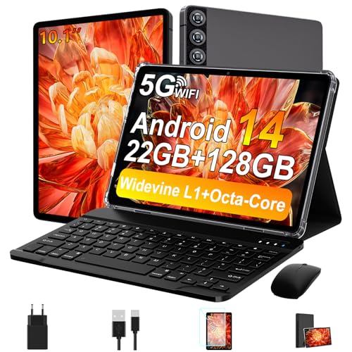 ZIOVO Android 14 Tablet, 10 Zoll, 22 GB RAM + 128 GB ROM (1 TB TF), Widevine L1/Octa-Core/2,0 GHz/5G WiFi/8000 mAh/BT 5.0/5+8MP/unterstützt Neflix/Metallhülle/Tablet mit Tastatur und Maus, Grau