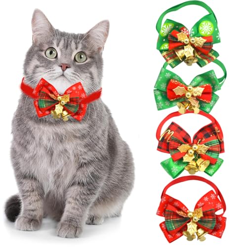 OIXEYA 4 Piezas Navidad Collar Gato, Con Pajarita Desmontable y Campanas Para Gatito y Adulto