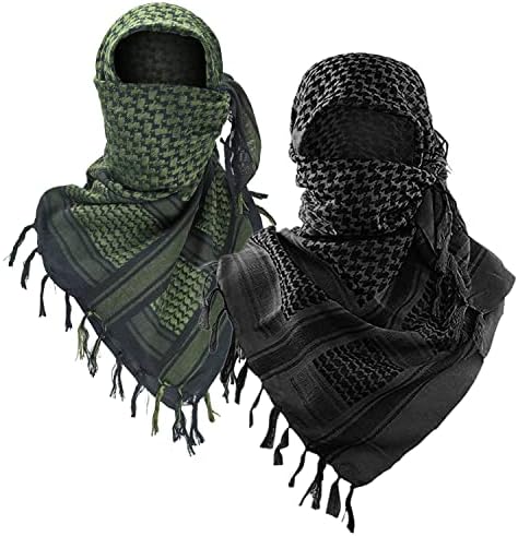 Luxns Military Shemagh Tactical Desert Scarf / 100% Cotton Keffiyeh Scarf Wrap for Men And Women/Black&Black-Green 2Pack