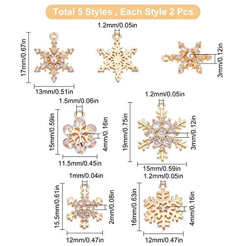Beebeecraft 10Pcs 5 Style Cubic Zirconia Snowflake Charms 18K Gold Plated Snowflake Winter Charms Pendant Christmas Diy Decoration Charms For Jewelry Making #TOP1