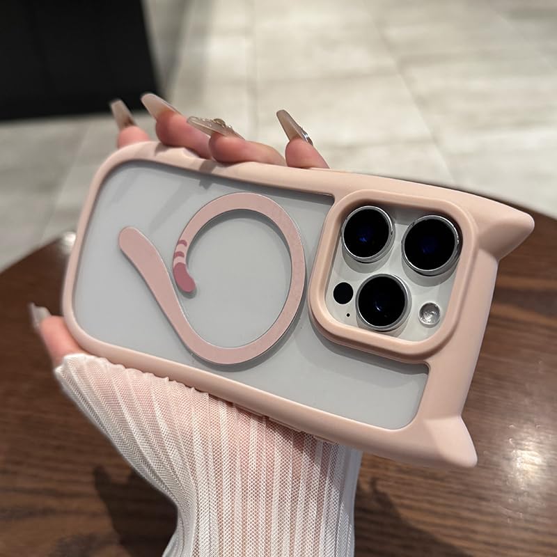 3D Cat Ear Cute Case for iPhone 16 15 14 13 12 Pro Max [Compatible with MagSafe] Millitary Shockproof Transparent Magnetic Cover (Pink,for iPhone 14 Pro)