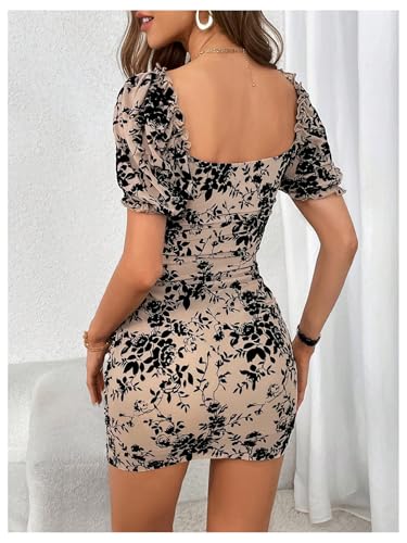 Image of GORGLITTER Women's Floral Square Neck Bodycon Mini Dress Tropical Short Sleeve Ruched Casual Birthday Dresses 2025