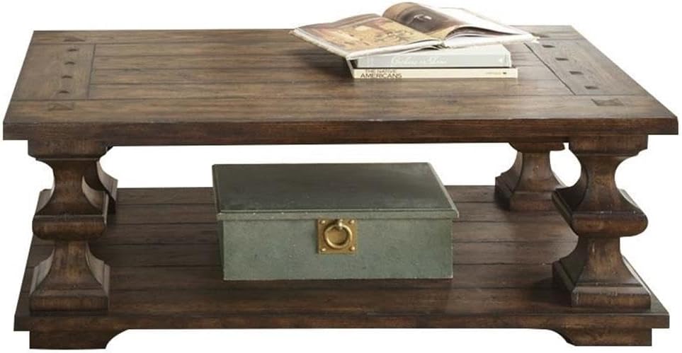 Pemberly Row Traditional Wood Cocktail Table, Brown Finish, Spanish Style Turned Legs, Heavy Planked Top, Bottom Shelf, Square Peg Accents, 50 in Wide Coffee Table for Living Room Storage and Display