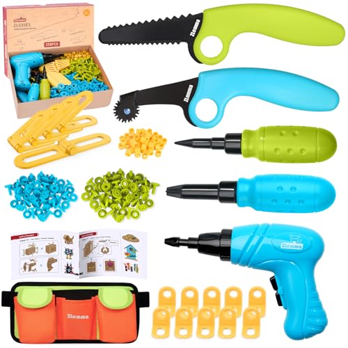 ZLemma Kit d'outils en carton pour enfants - Boîte à outils de construction en carton de 258 pièces - avec perceuse, scie de sécurité, marqueur,...
