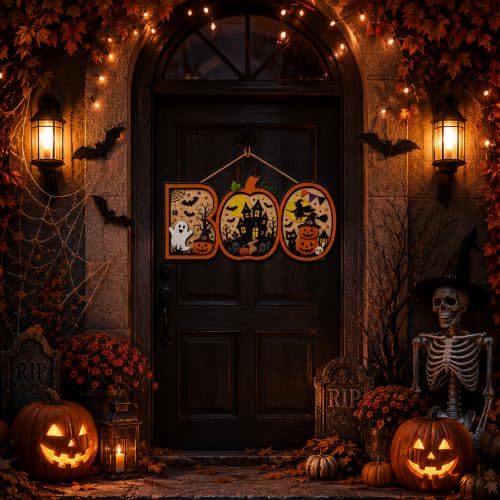 Image of Halloween Decorations - Halloween Wooden Boo Sign for Front Door