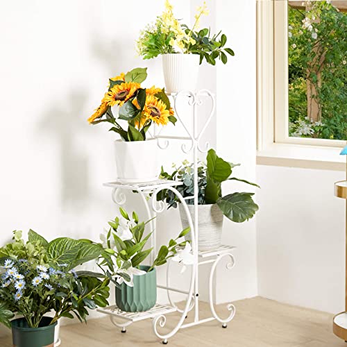 Unho Metal Plant Stand White: 4 Tier Flower Pot Display Rack With Potted Planter Shelves Indoor Storage Shelf Holder For Balcony Living Room Patio Garden Entryway Décor #TOP1