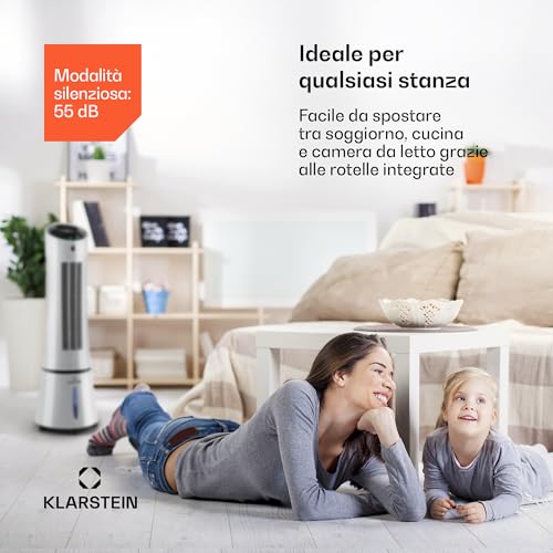 Climatizzatore 4In1: Raffrescatore Evaporativo, Ventilatore, Umidificatore/Ionizzatore, 6L, Oscillazione, 30W, 210M³/H, Timer, No Tubo Di Scarico, Portatile, Klarstein, Argento, Skyscraper Ice Smart - 4