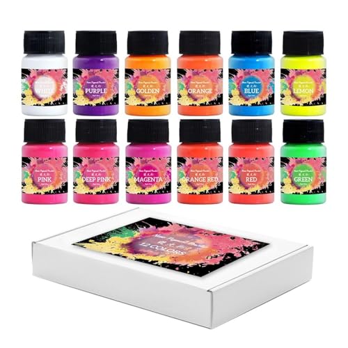 12 Color Fluorescent Glow Powder Set – Bright Neon Pigments for Art, Crafts, Resin, Slime, Body Paint, UV Projects – Versatile Water & Oil-Based Fluorescent Pigment Powder