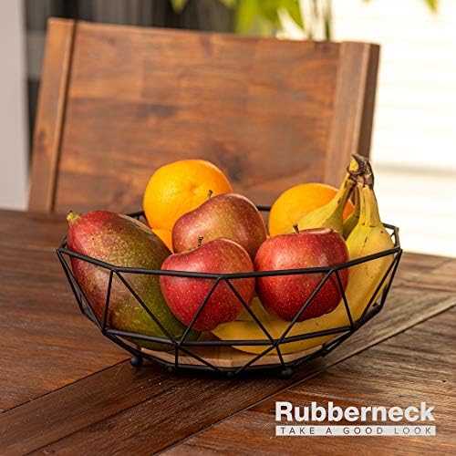 Rubberneck Metal Wire Fruit Bowl with Bamboo Wooden Base - Storage Basket for Fresh Fruits and Veg, Black