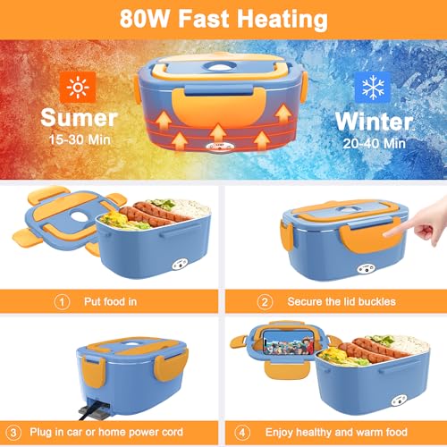 Image of HOLDRUBY Heated Lunch Boxes for Adults, 80W Electric Lunch Box Food Heated 12 /24 /110V 1.5L Heatable Lunch Box for Car /Truck Leak-Proof Removable Stainless Steel Container, Fork & Spoon, Bag