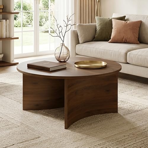 HNY Round Coffee Table, 31.5 Inch Modern Coffee Table with Solid Wood Legs Low Accent Circle Center Table for Living Room, Small Space, Apartment, Walnut
