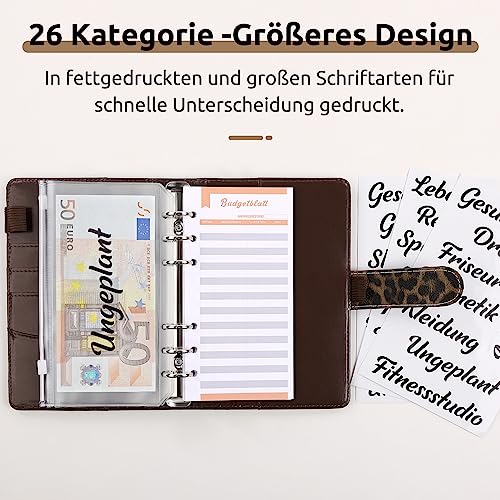 KONVINIT Budget Planner A6 Budget Binder,Budgetplaner mit Folien Deutsch,Ringbuch Finanzplaner mit Geldumschläge,Budgetsheets und Kategorien-Etiketten,Um Geld Sparen,Money organizer,leopard