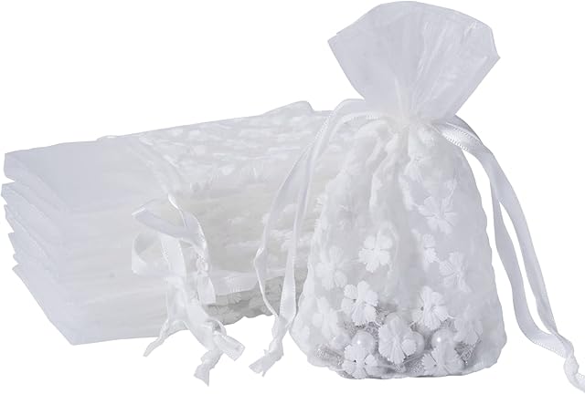 DoGeek 10 Organza Favour Bags Jewelry Pouches Sheer Drawstring Pouches, Mesh Candy Favour Bag for Wedding Party Christmas Decoration (White) (4x5.5 inches, White)