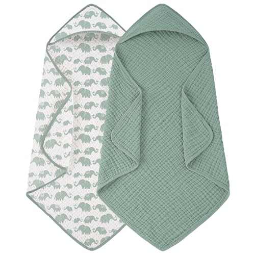 Image of Looxii Baby Bath Towels 2 Pack Muslin Hooded Baby Towels for Newborn and Infants, 100% Cotton, Large 32x32Inch, Soft and Absorbent, Green