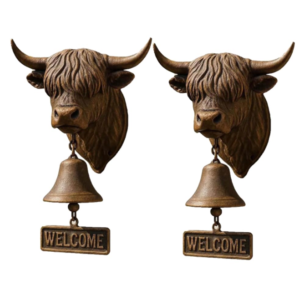 2 Packs Highland Cow Welcome Bell - Vintage Rustic Metal Doorbell with Loud Sound, Farmhouse Wall Mounted Decor for Porch & Garden, Unique Gift