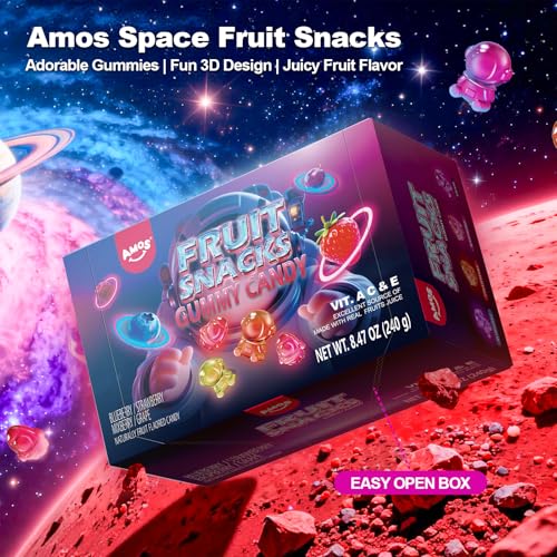 Image of Amos Fruit Snacks Gummy Candy, Astronaut Space Gummies, Made with Fruit Puree, Mixed Berry Flavor Fortified with Vitamin C, Soft Chewy On The Go Lunchbox Snacks, 8.47 oz (240g)
