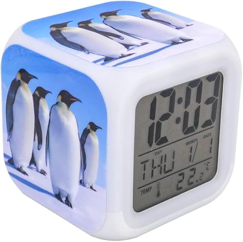 Bocaihua - Reloj despertador digital con luces LED, diseño de pájaros, pingüino, azul, para niños, adolescentes, adultos, hogar, oficina, decoración